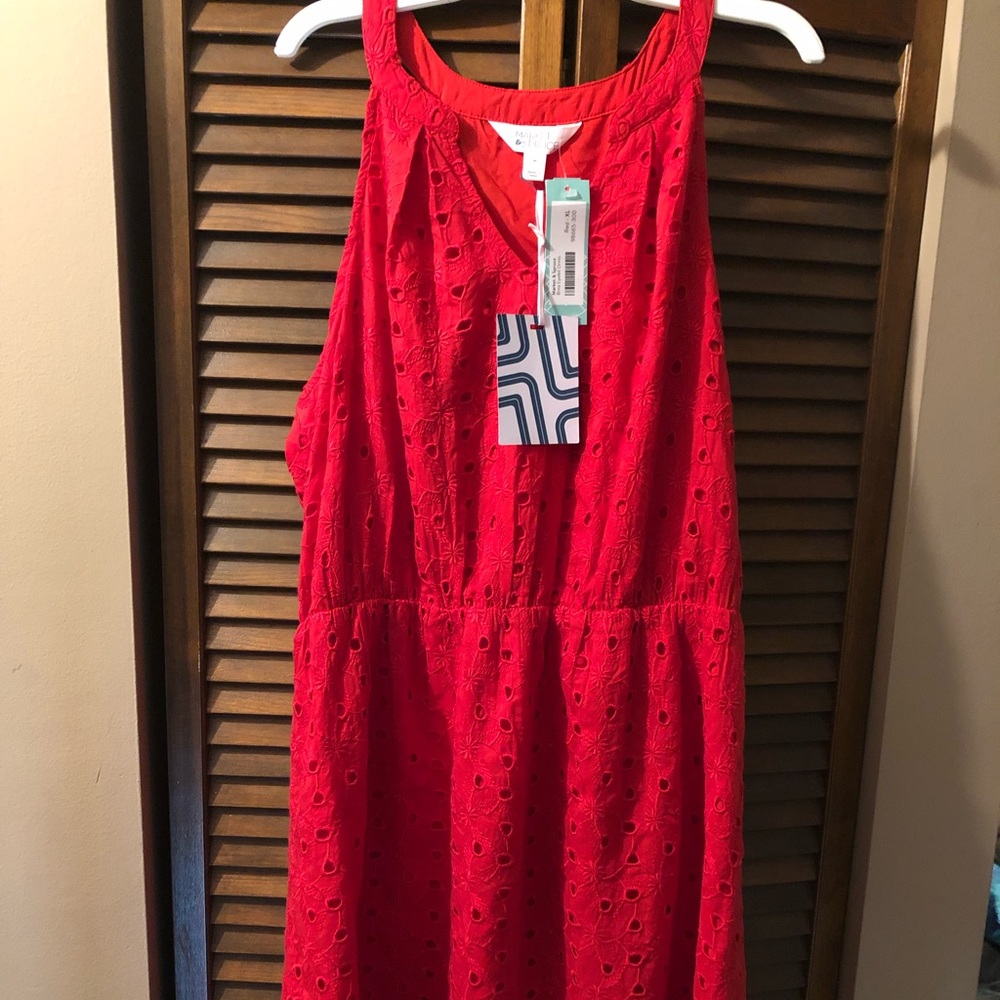 Red Eyelet Midi Dress
